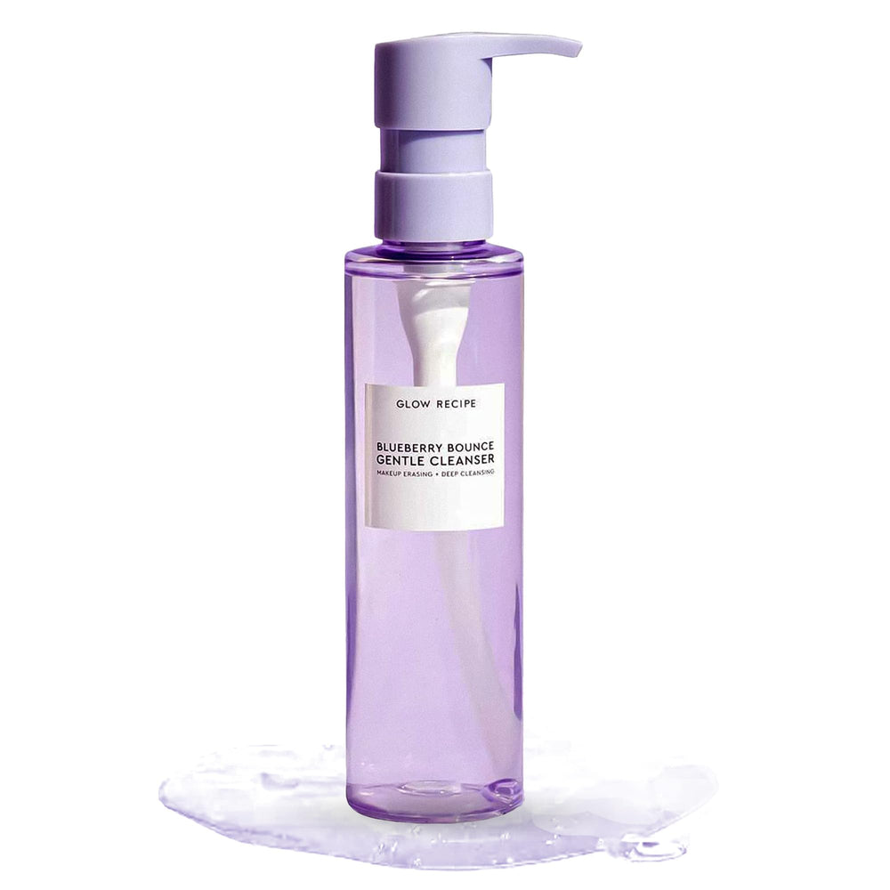 Glow Recipe Blueberry Bounce cleanser pump bottle showing hydrating foam for makeup removal