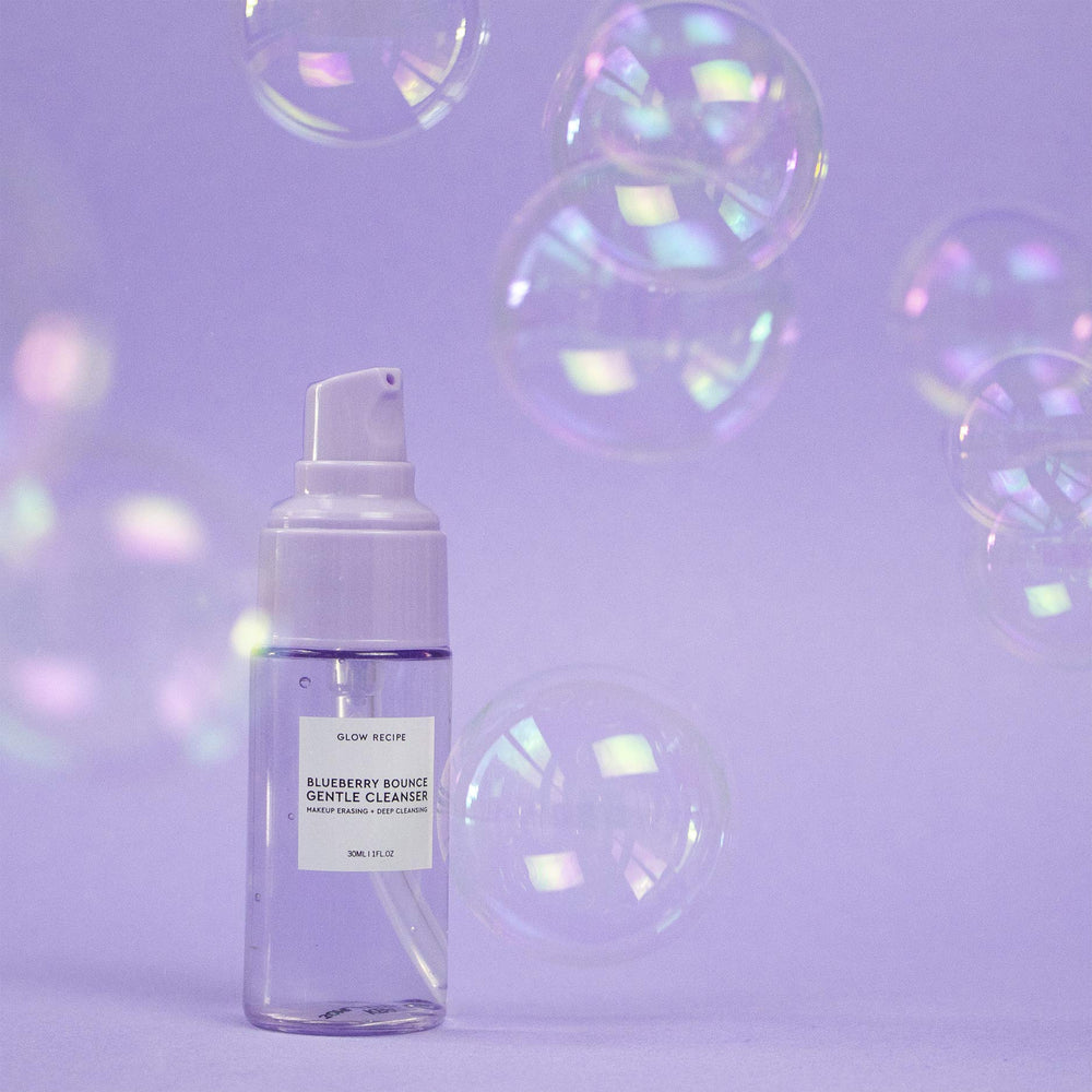 Glow Recipe Blueberry Bounce foaming cleanser shows soft bubbles for deep cleansing