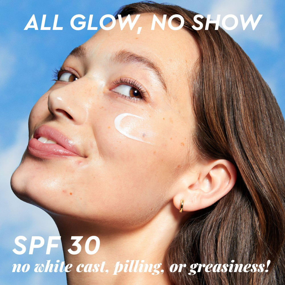 Glow Recipe Dew Shield shows no white cast on skin during application.