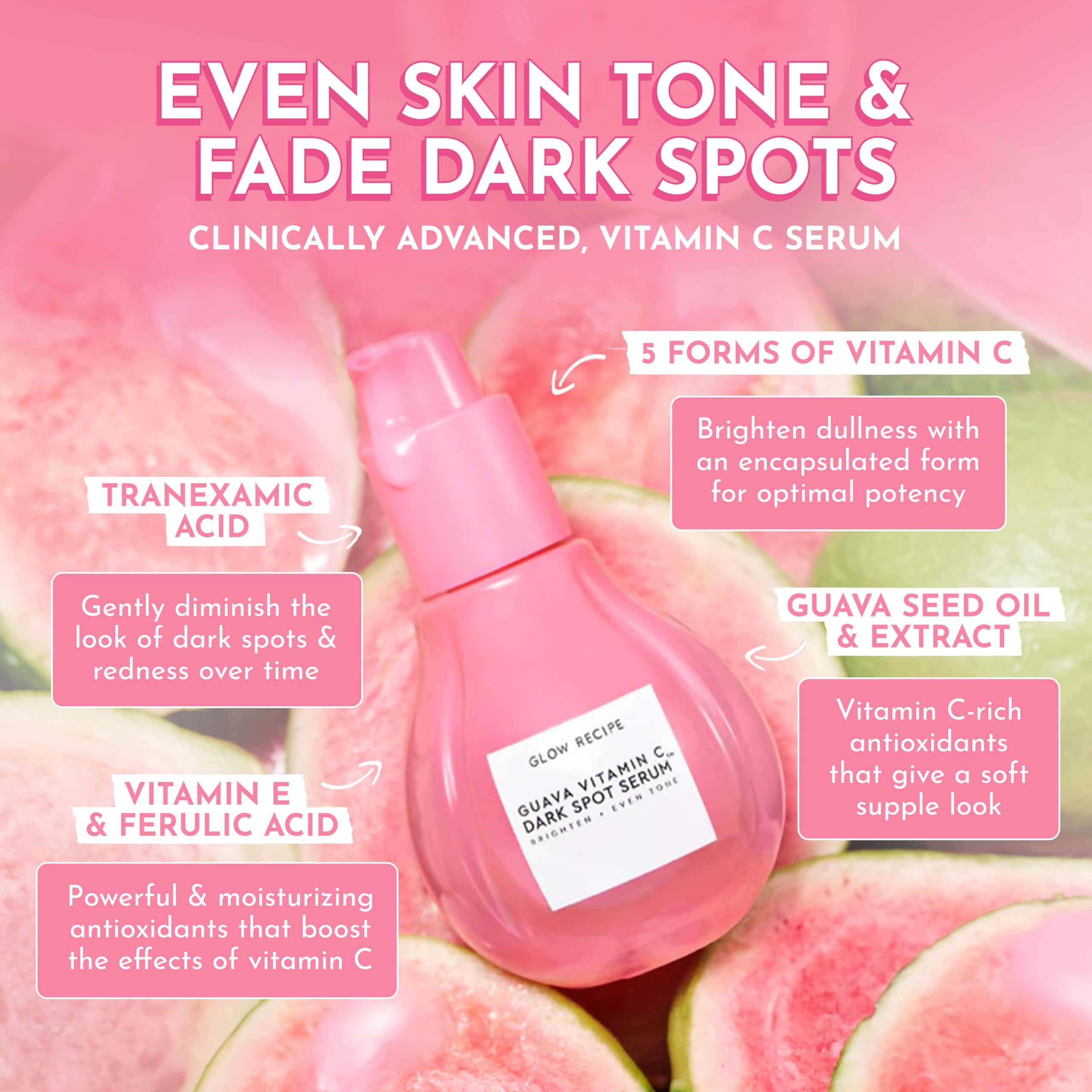 Glow Recipe Guava Vitamin C Serum tranexamic acid targets uneven tone gradually.