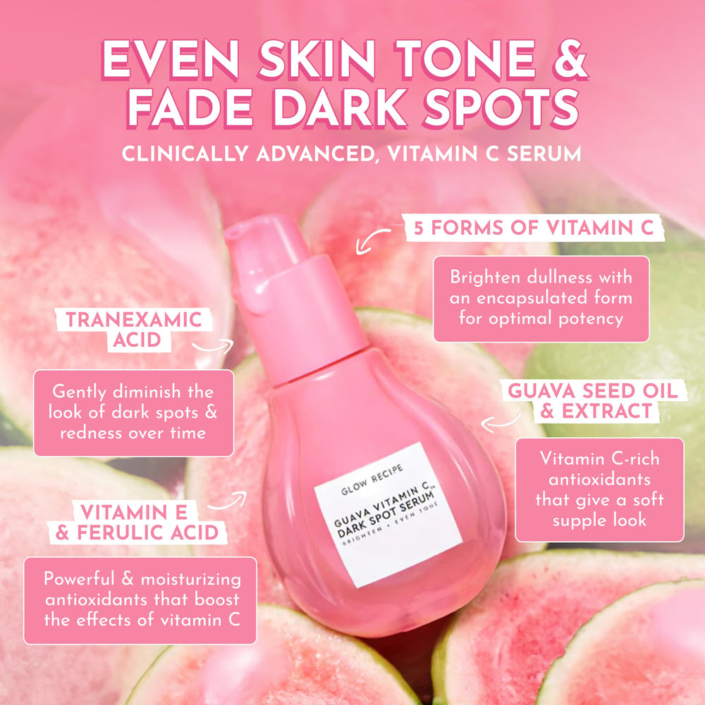 Glow Recipe Guava Vitamin C Serum tranexamic acid targets uneven tone gradually.