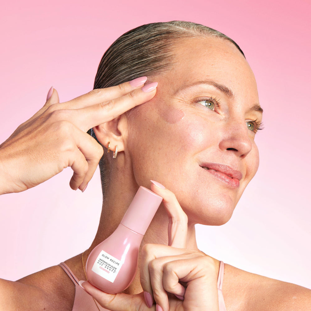 Glow Recipe Hue Drops hyaluronic-watermelon imagery emphasizes hydration and cooling sensation.