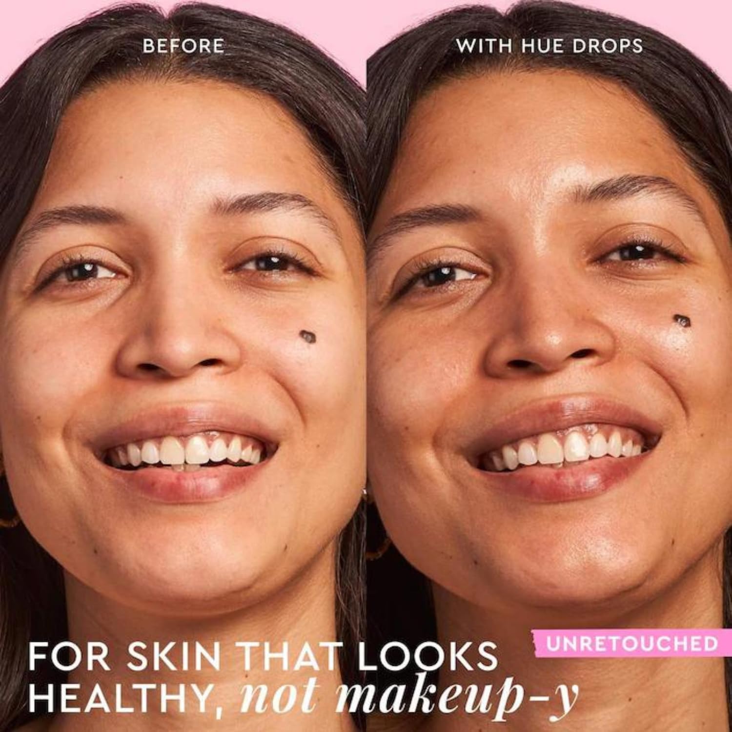 Hue Drops mixed with foundation to boost luminosity and warmth