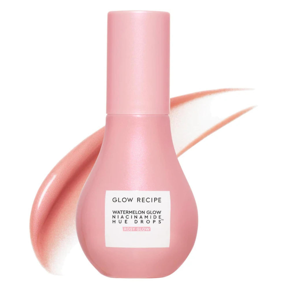 Glow Recipe Hue Drops tinted serum bottle shows rosy glow and hydration.
