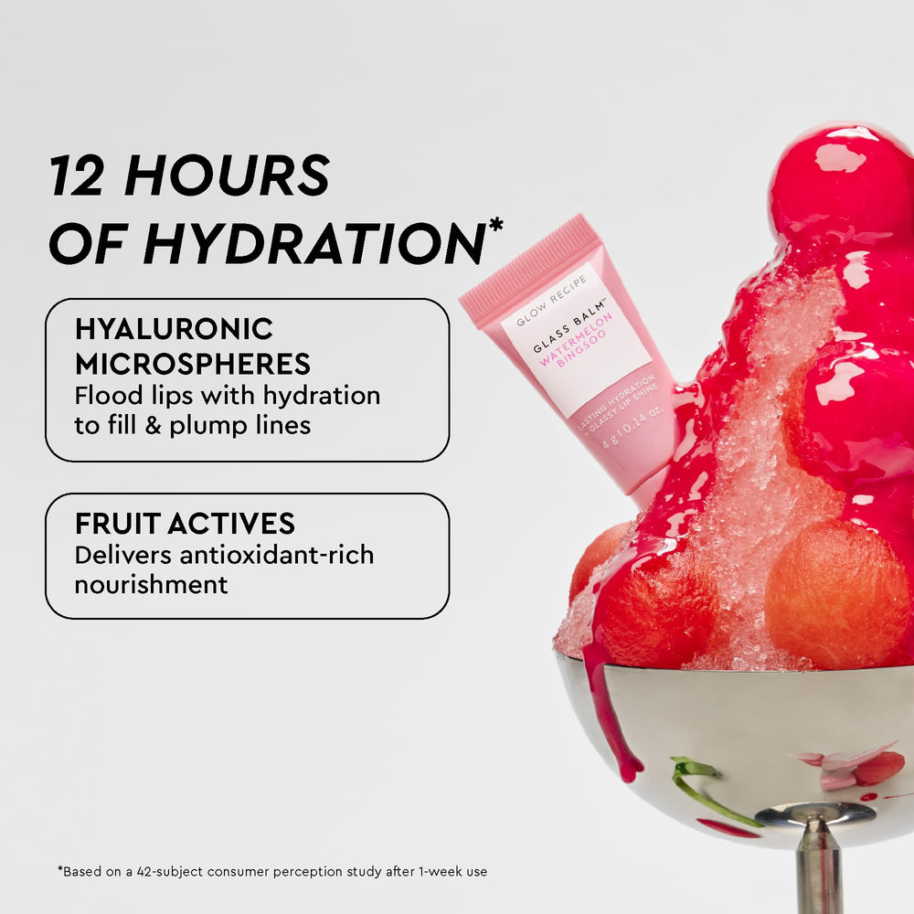 Glow Recipe Strawberry mini glass balm swatch provides playful pink hydration