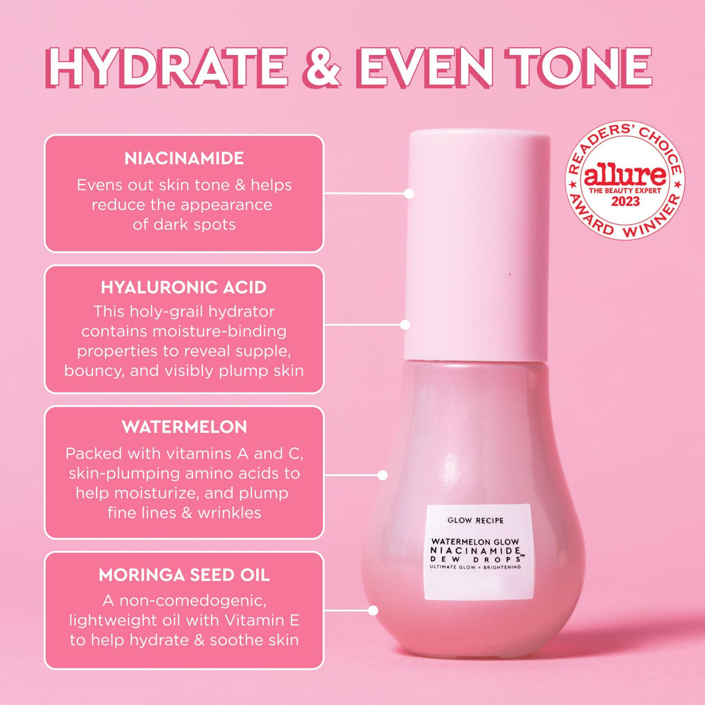 Glow Recipe niacinamide serum ornament bottle close-up emphasizes brightening glow.