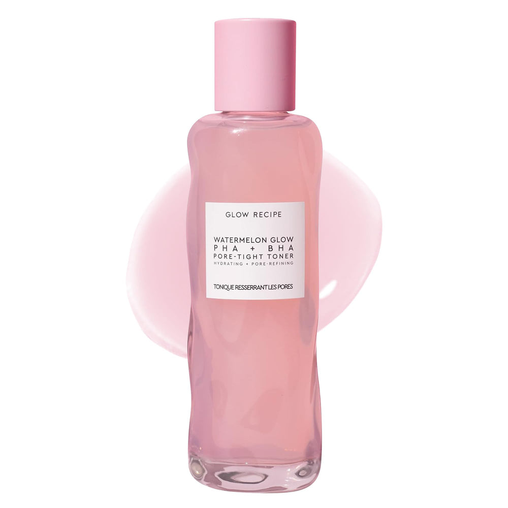 Glow Recipe PHA + BHA toner bottle demonstrates hydrating exfoliation for smoother skin.