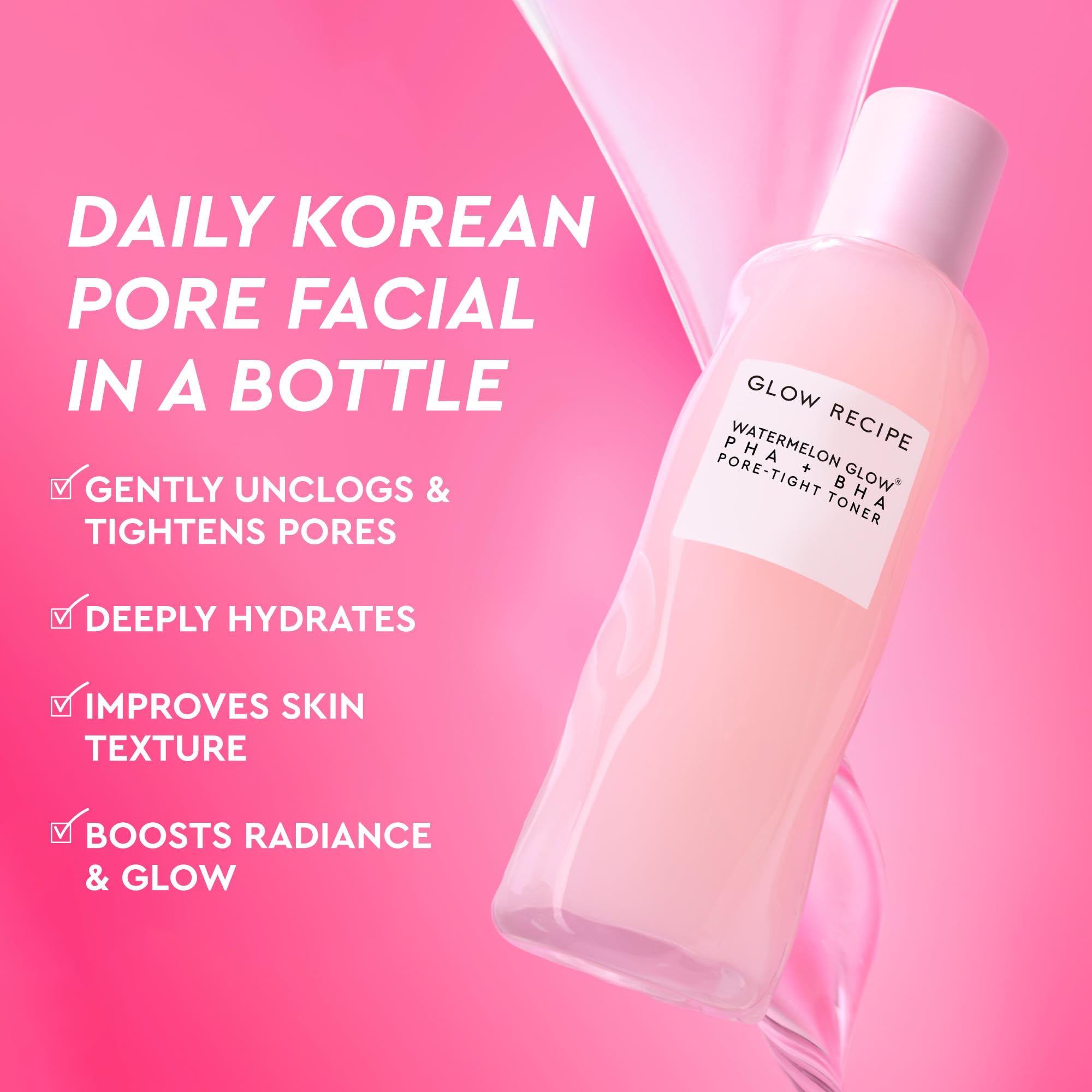 Glow Recipe PHA + BHA toner label close-up highlights ingredients and a clean formula.