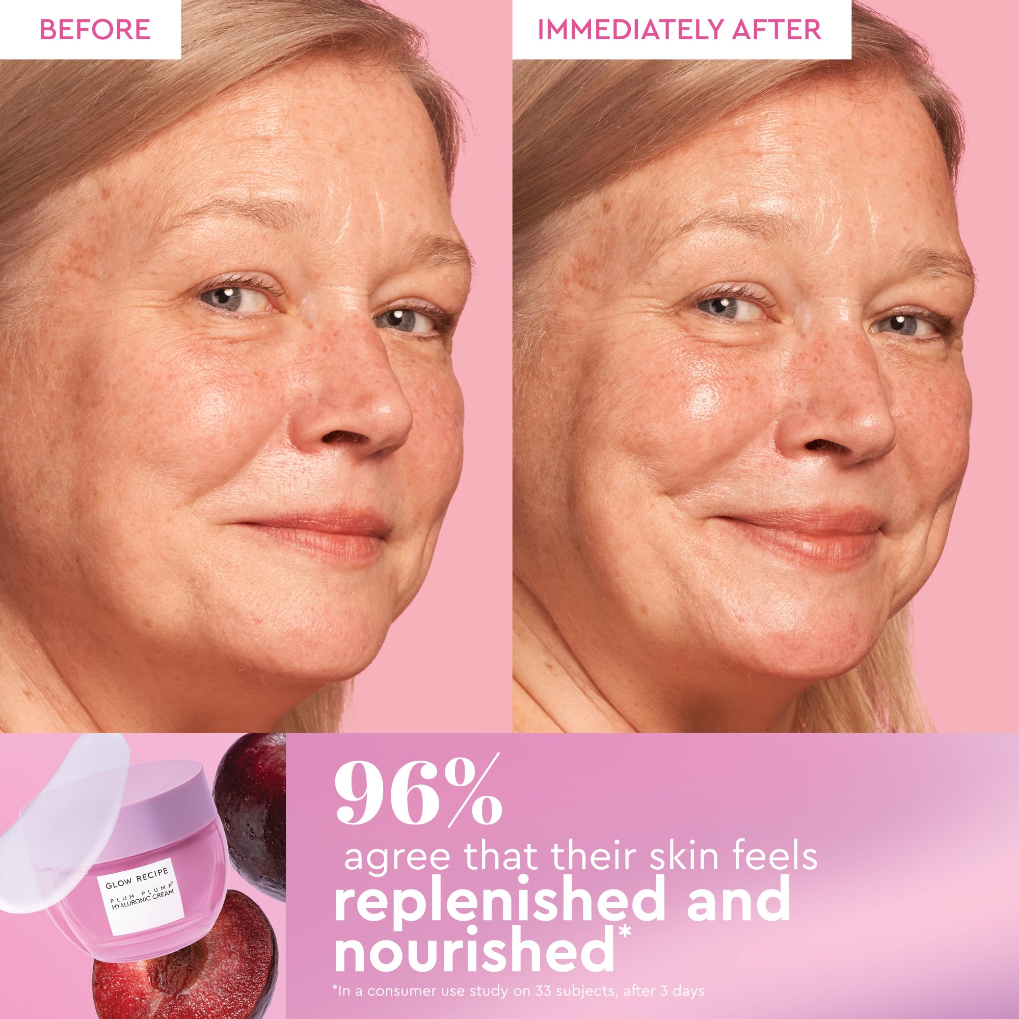 Glow Recipe Plum Plump Hyaluronic Cream tub captures the cushiony texture for lasting moisture.