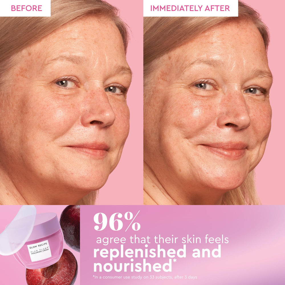 Glow Recipe Plum Plump Hyaluronic Cream tub captures the cushiony texture for lasting moisture.