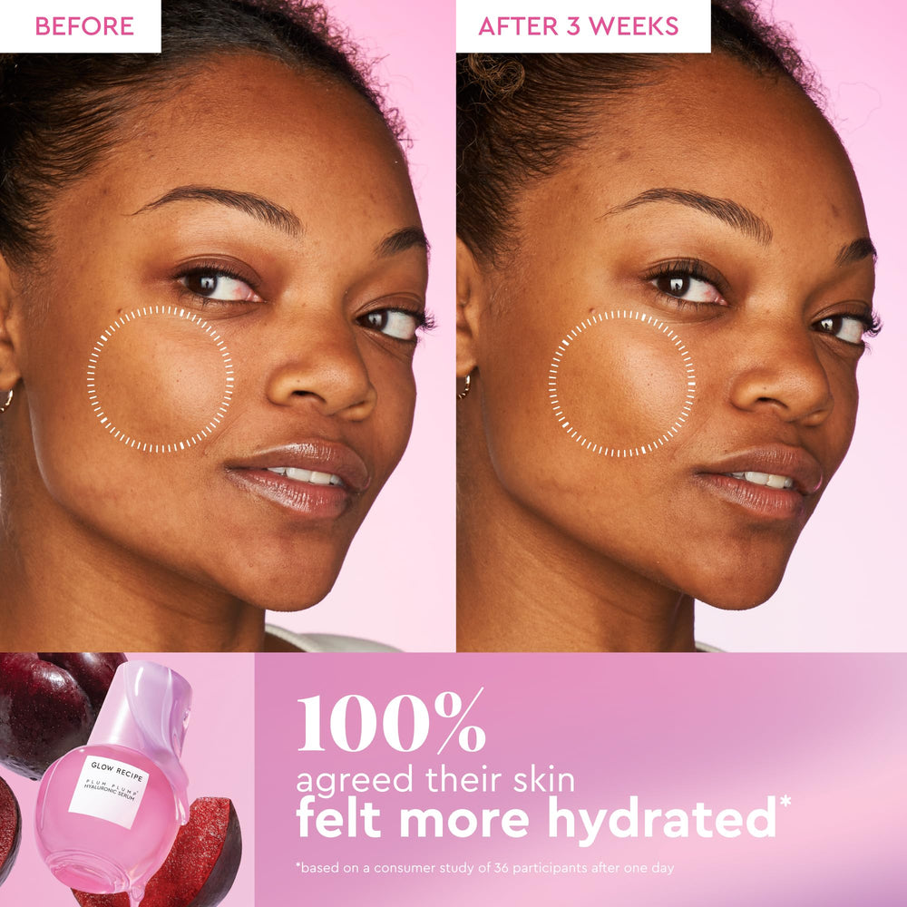 Glow Recipe Plum Plump Hyaluronic Serum application demonstrates smooth, prepped skin ready for moisturizer.