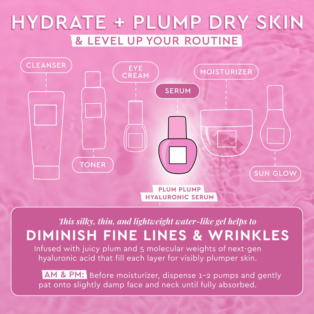 Glow Recipe plum-plumping-serum vegan and cruelty-free icons beside packaging.