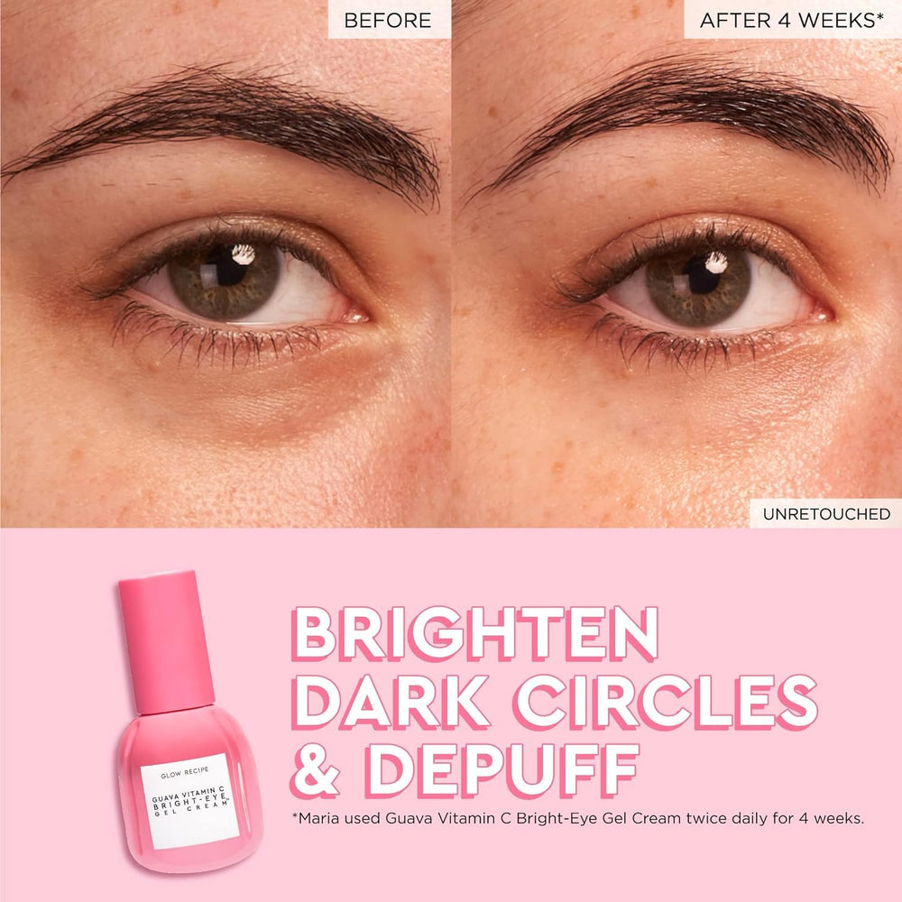 Glow Recipe vitamin C under-eye cream tube image emphasizes de-puffing and hydration.