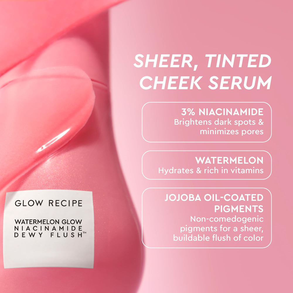 Glow Recipe Watermelon Flush serum on cheeks for plump, radiant color.