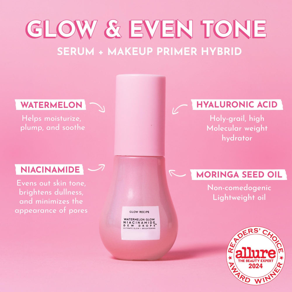 Glow Recipe Watermelon Niacinamide Dew Drops liquid-essence-texture close-up highlights lightweight hydration.