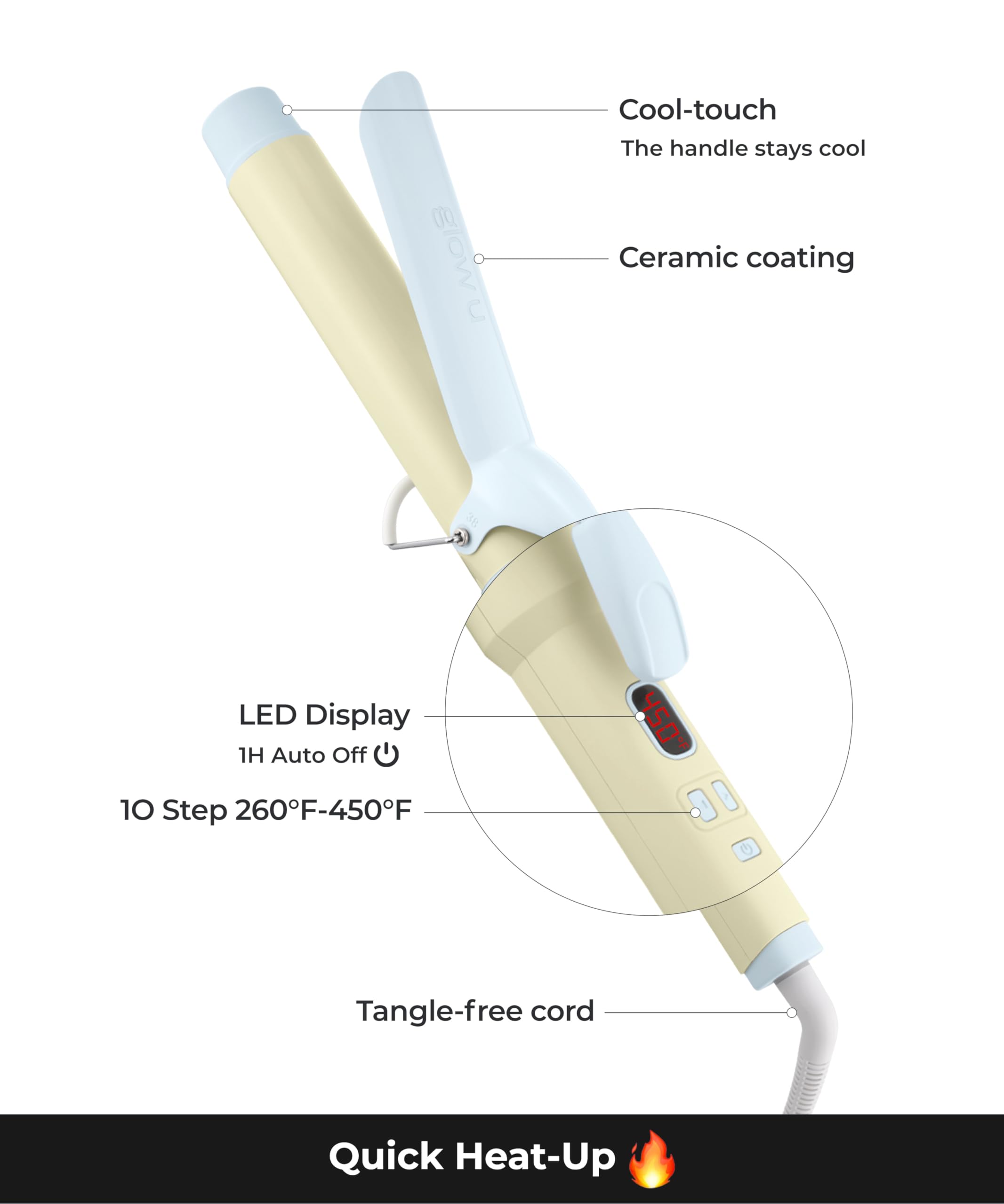 Glow U curling iron ceramic-coated barrel delivers smooth, healthy-looking curls.