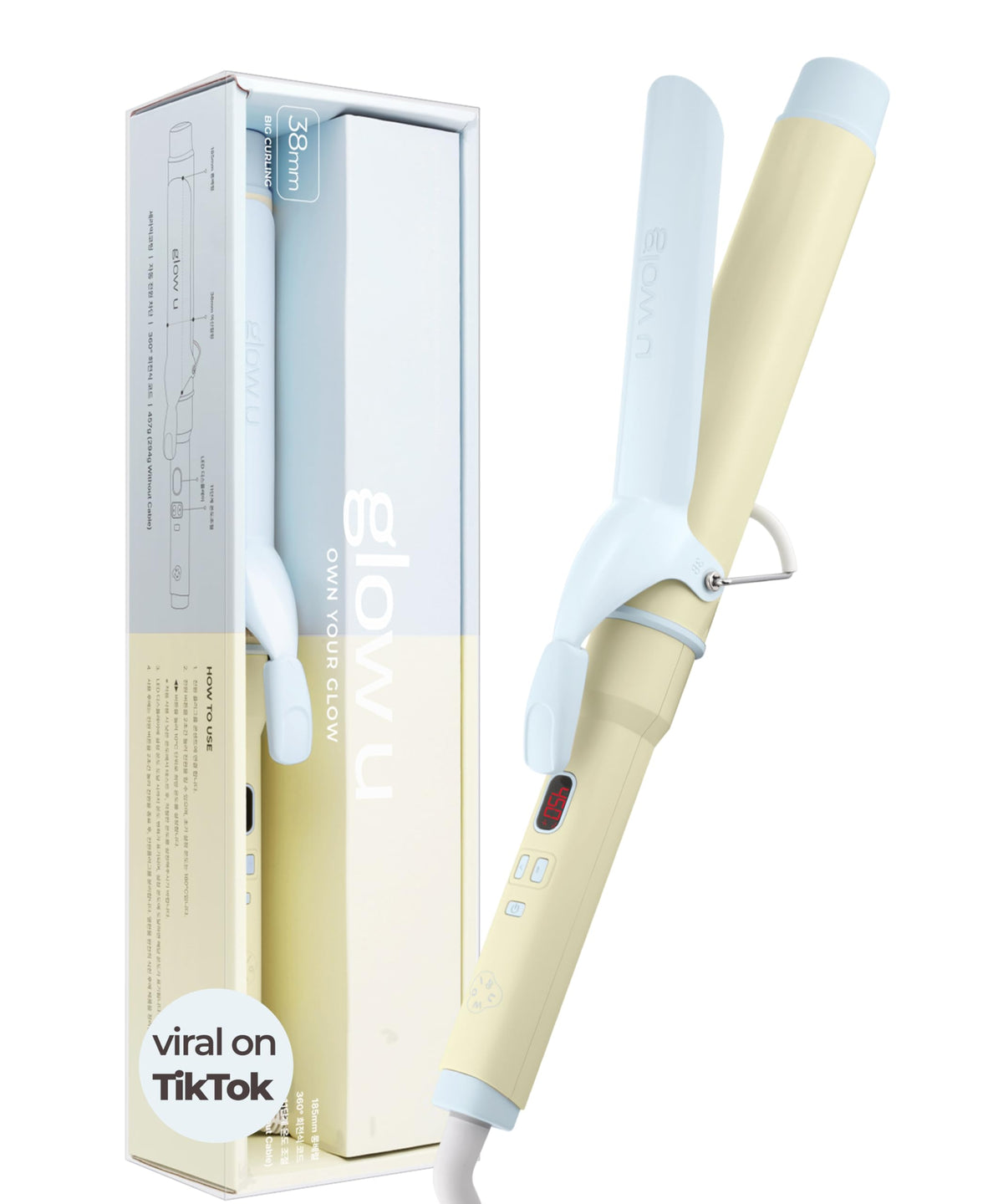 Glow U curling iron long barrel closeup for fast styling and sleek waves.