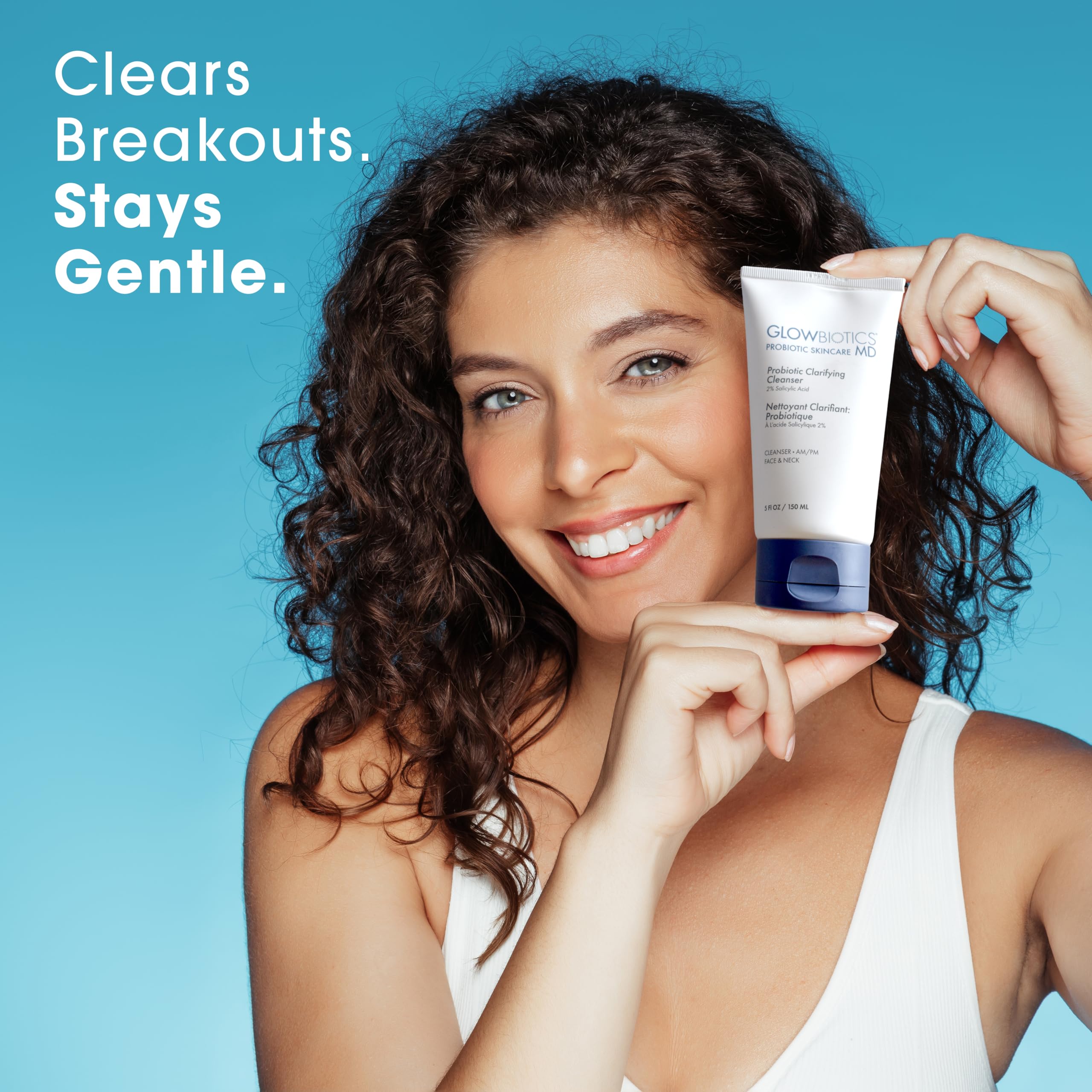Glowbiotics Probiotic Clarifying Cleanser packaging on display highlighting probiotic skincare