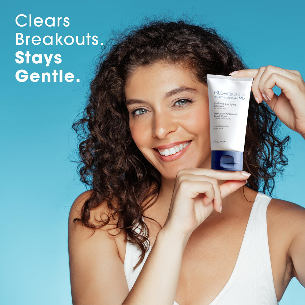 Glowbiotics Probiotic Clarifying Cleanser packaging on display highlighting probiotic skincare