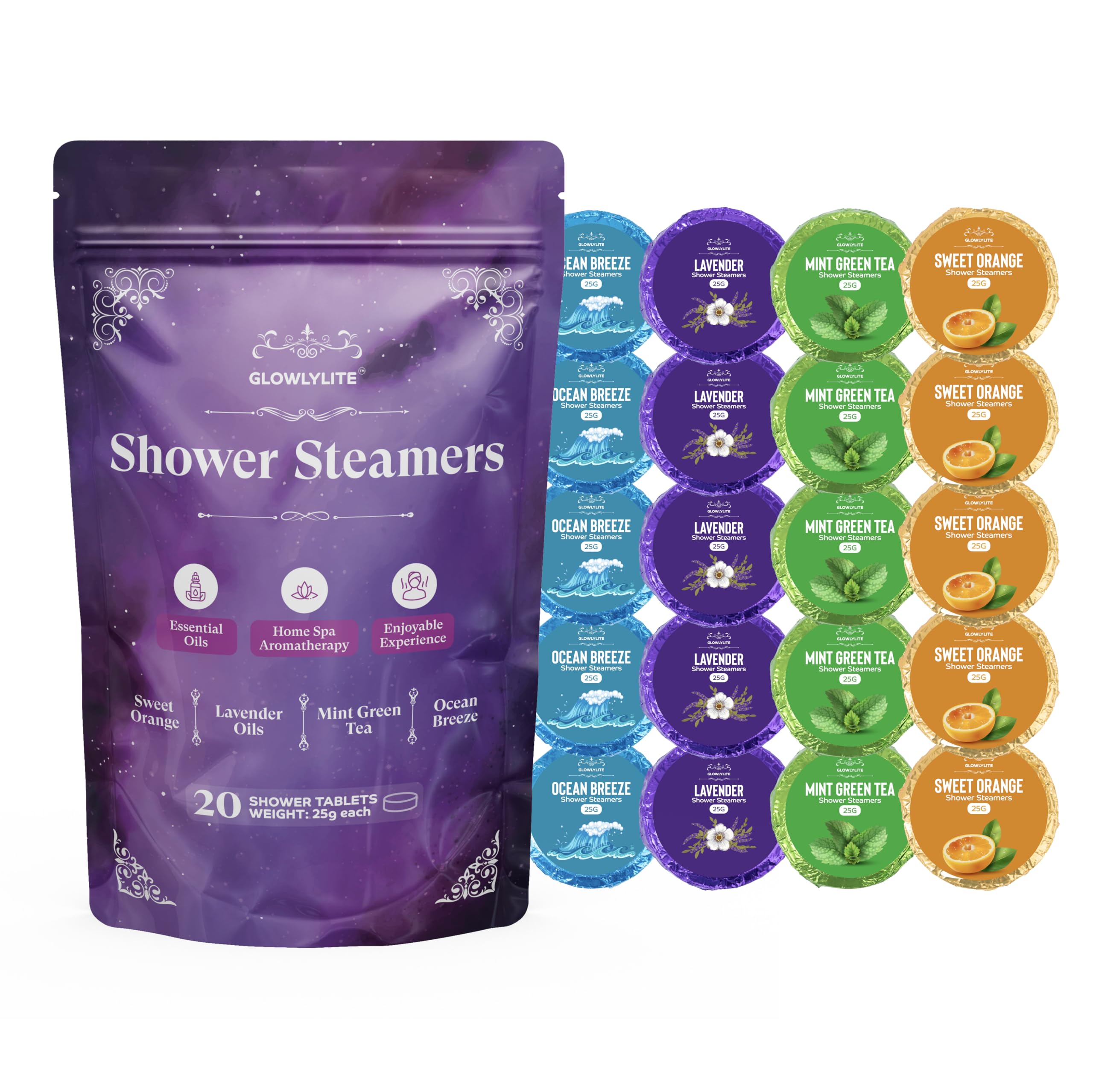 GlowlyLite shower steamer purple packaging highlights calming aromatherapy gift packaging