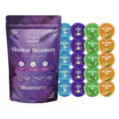 GlowlyLite shower steamer purple packaging highlights calming aromatherapy gift packaging