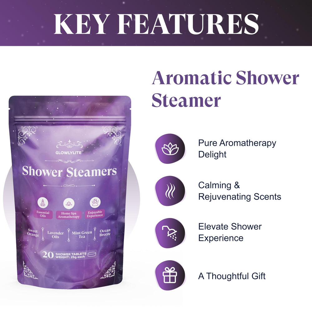 GlowlyLite shower steamer in shower scene showcases spa-like steam for relaxation