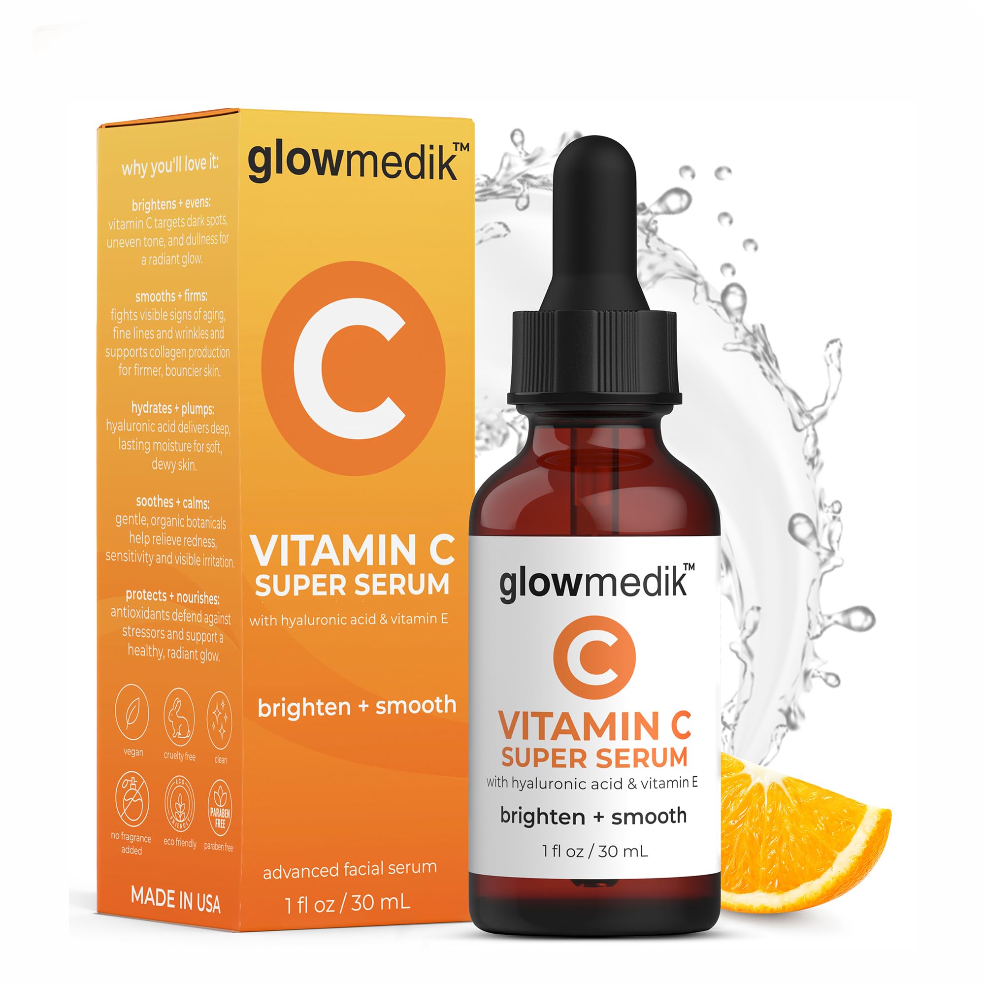 GlowMedik Vitamin C Serum bottle with dropper highlighting brightening action.