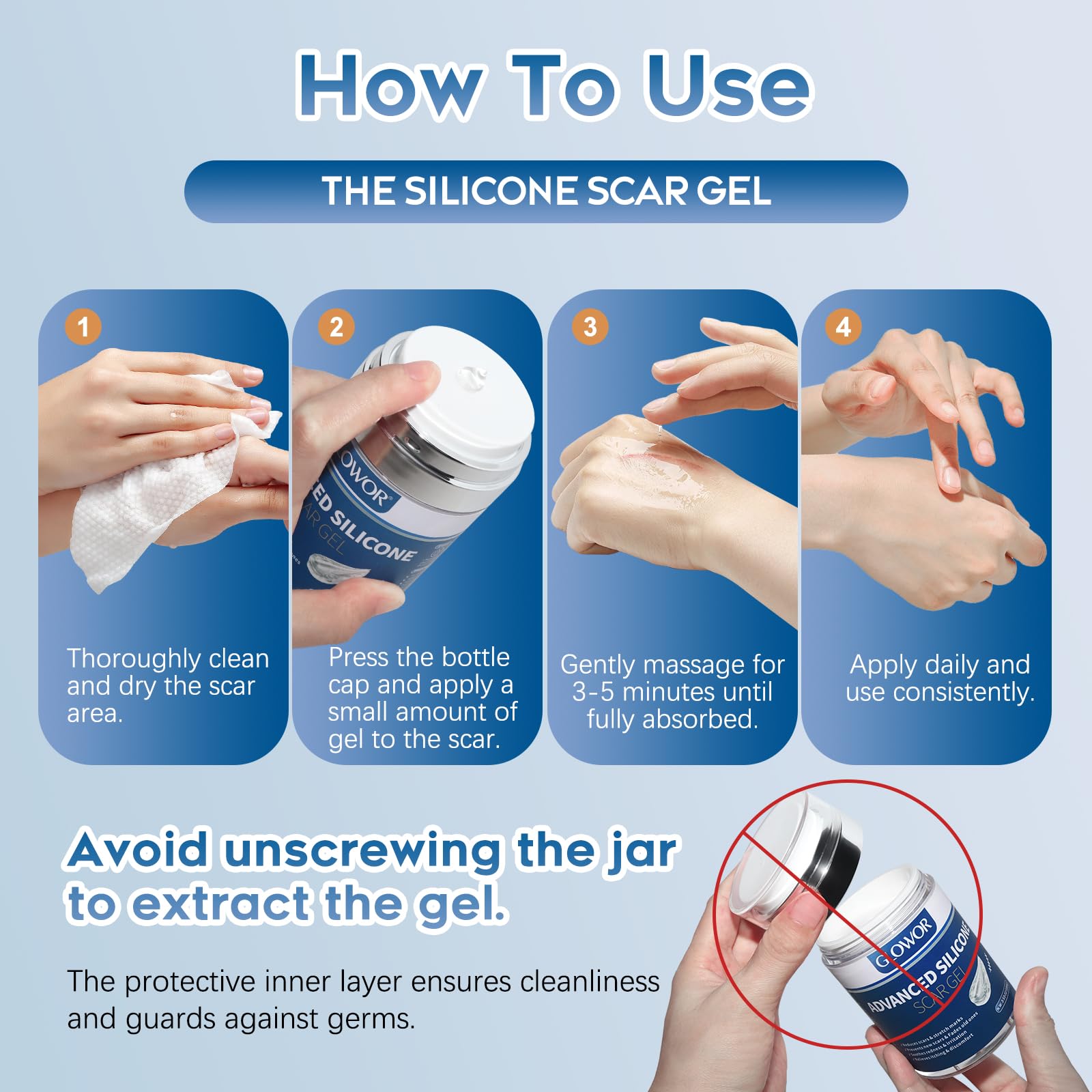 Glowor Advanced Silicone Scar Gel being applied to skin for quick absorption.