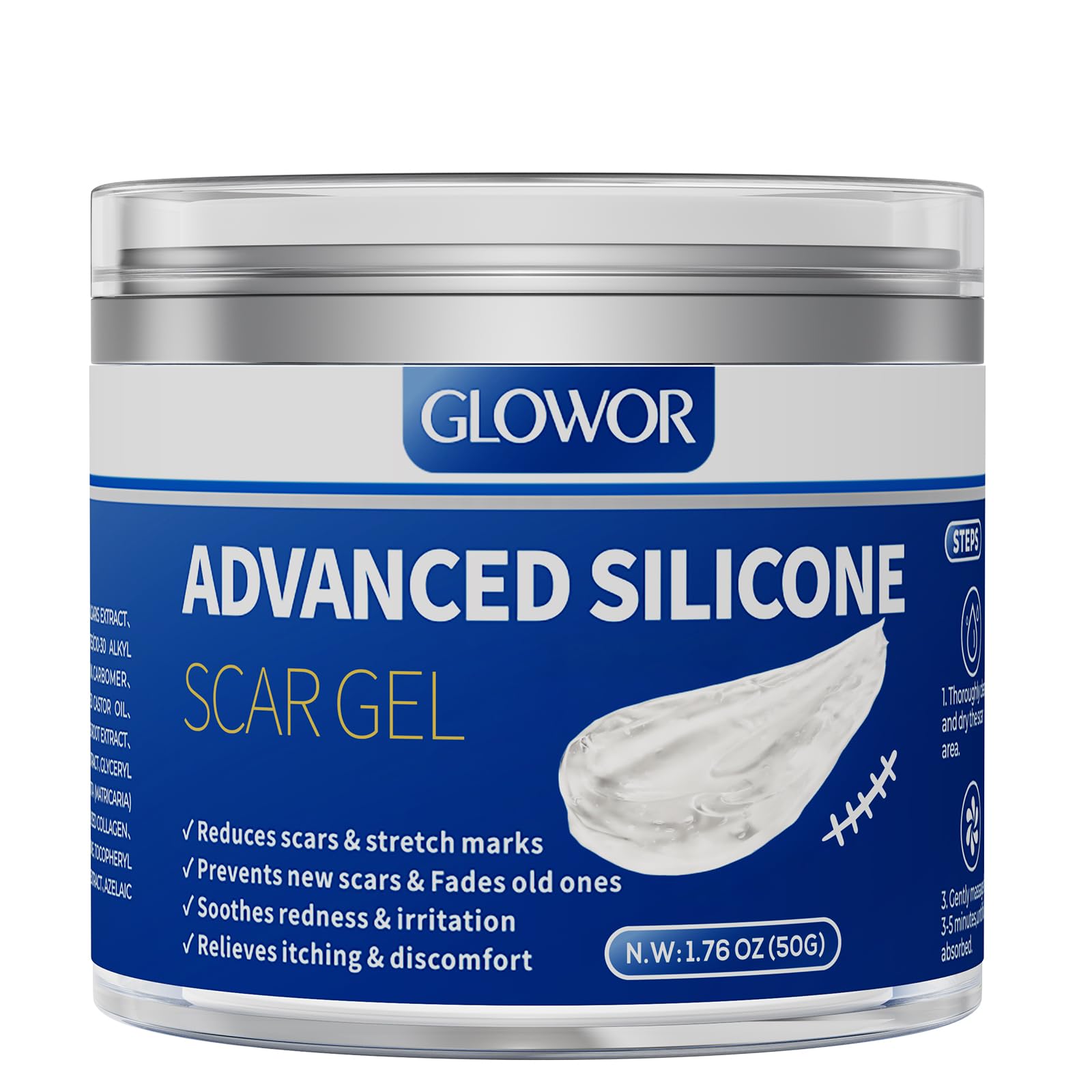 Glowor Advanced Silicone Scar Gel bottle close-up for smoother scar appearance.