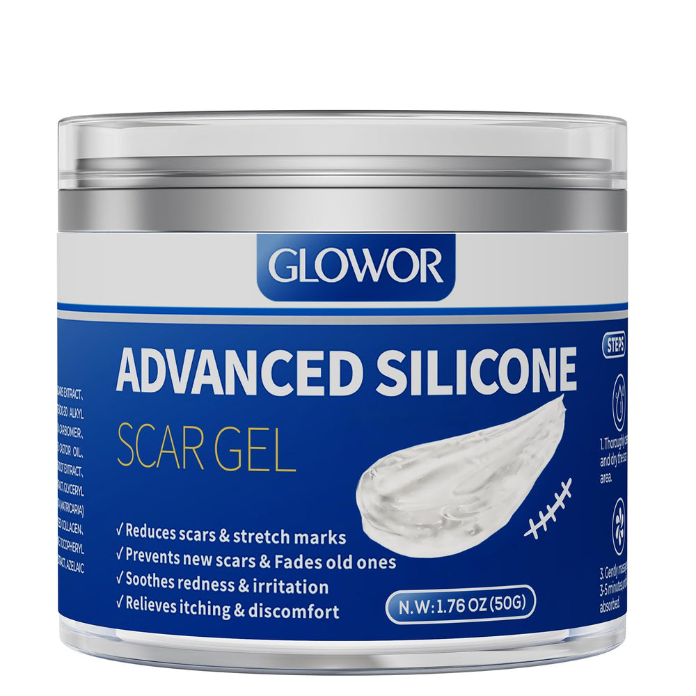 Glowor Advanced Silicone Scar Gel bottle close-up for smoother scar appearance.