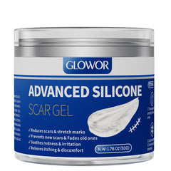 Glowor Advanced Silicone Scar Gel bottle close-up for smoother scar appearance.