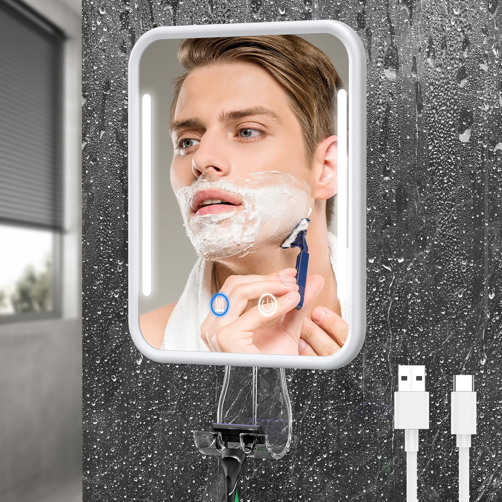 Glowtop heated mirror with LED light for precise grooming in bright light