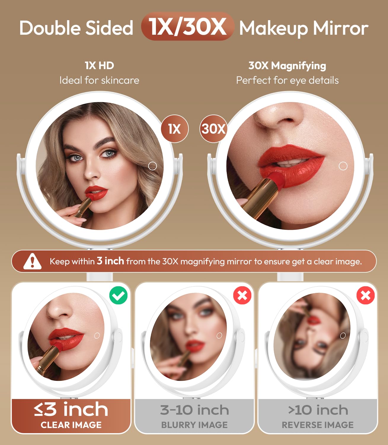 Glowtop mirror 30x closeup highlights precise brow shaping and eyeliner accuracy