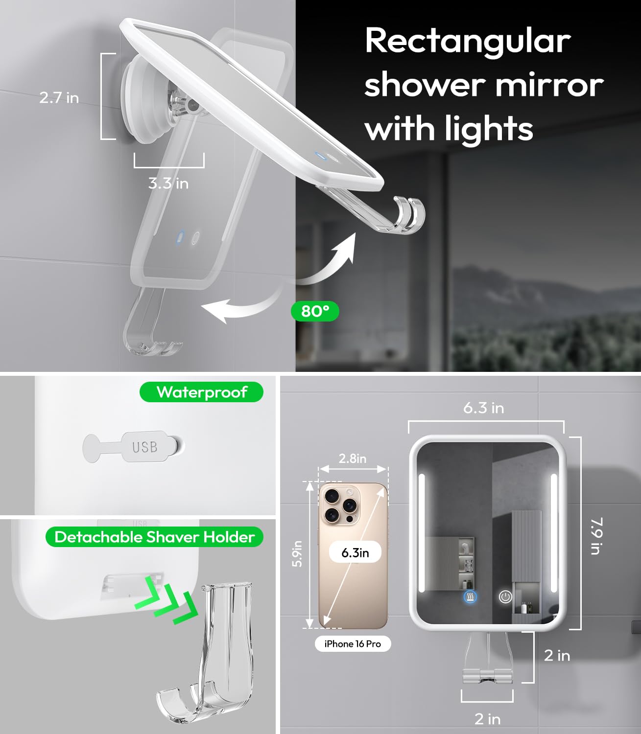 Glowtop rectangular 6-3x7-9-inch mirror fits face contours for easy shaving