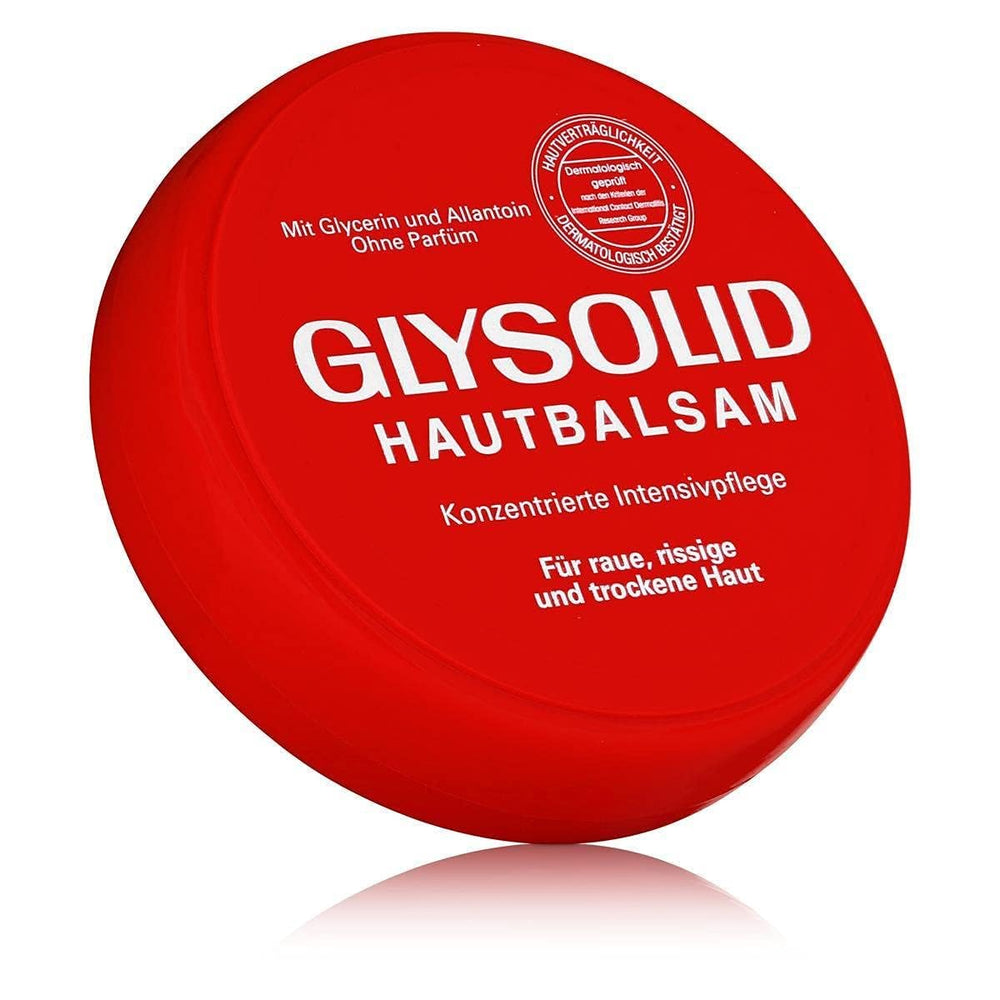 Glysolid glycerin cream jar close-up highlights color-free formula for sensitive skin.