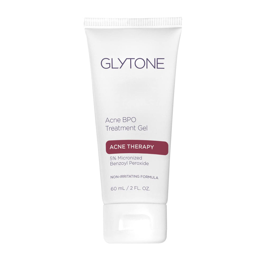 Glytone Acne BPO treatment gel bottle highlights 5% formula for targeted spot care.