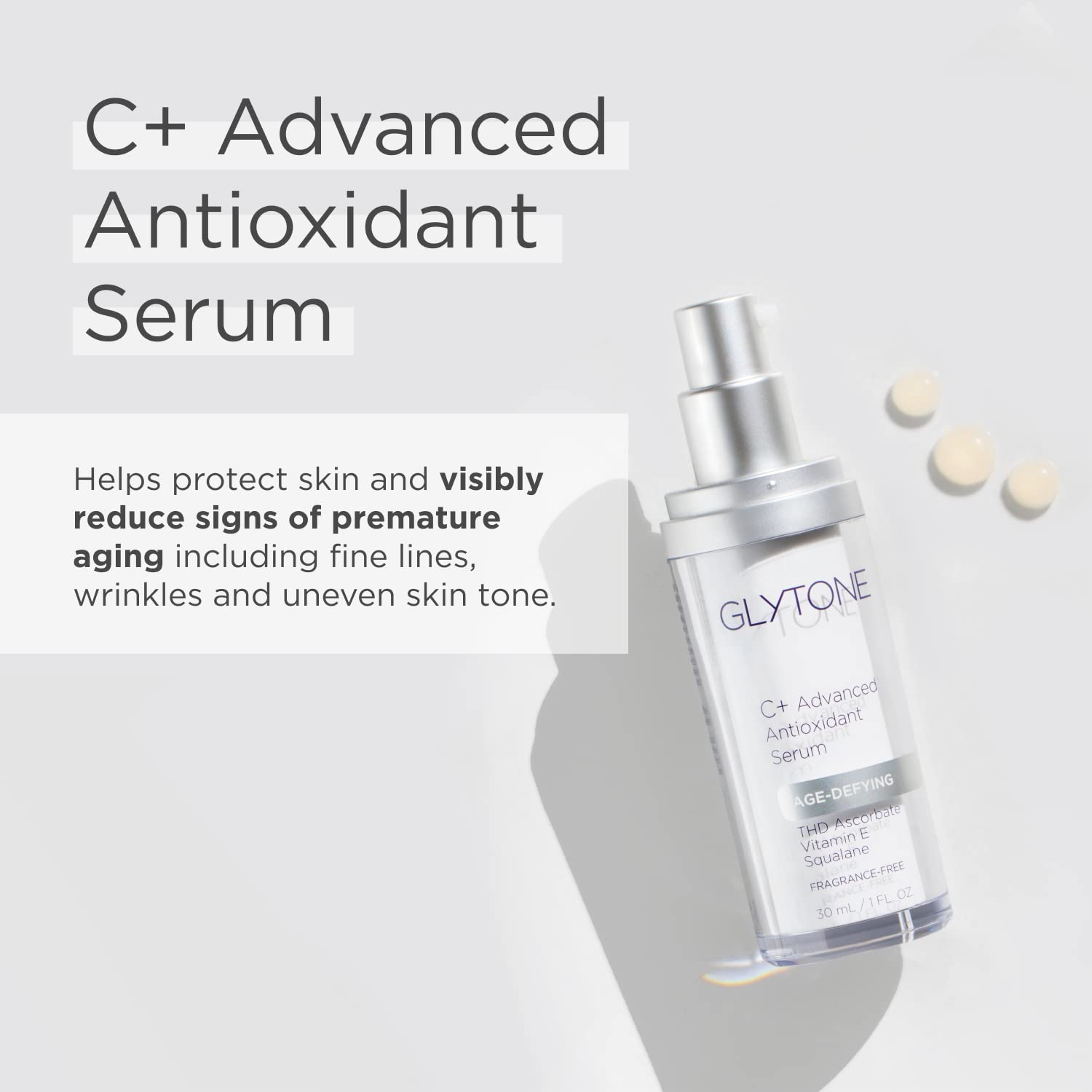 Glytone Age-Defying C+ Serum dispense pump shown for easy, mess-free application
