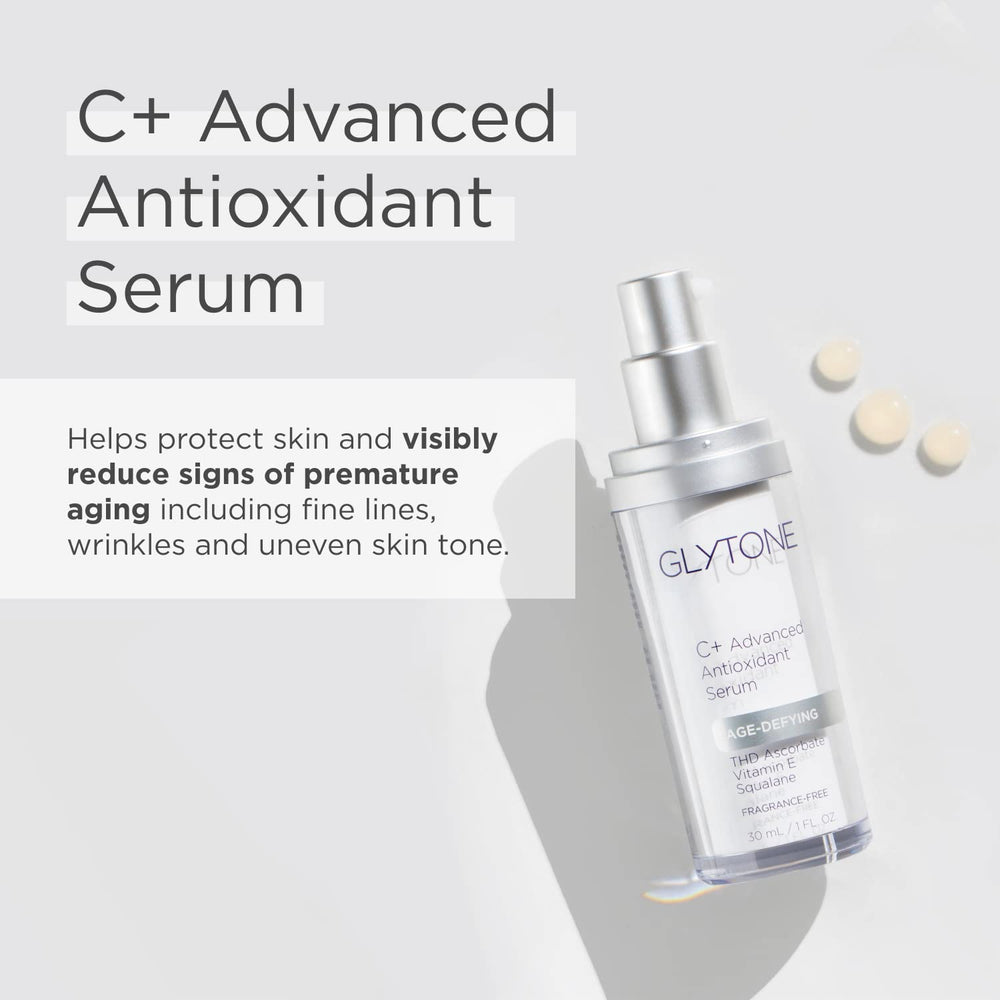 Glytone Age-Defying C+ Serum dispense pump shown for easy, mess-free application