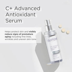 Glytone Age-Defying C+ Serum dispense pump shown for easy, mess-free application
