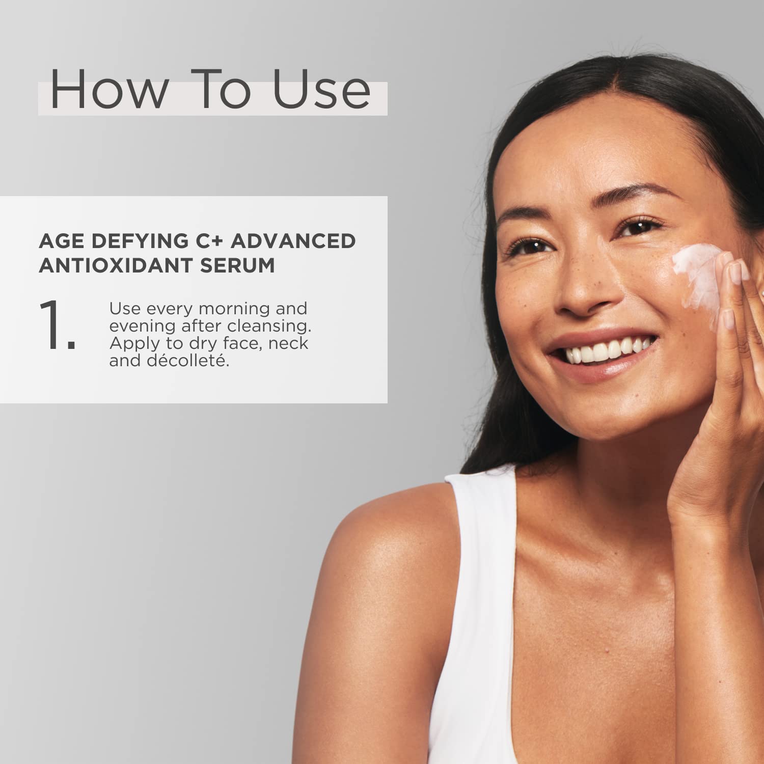 Glytone Age-Defying C+ Serum ingredient map emphasizes 20% vitamin C and squalane