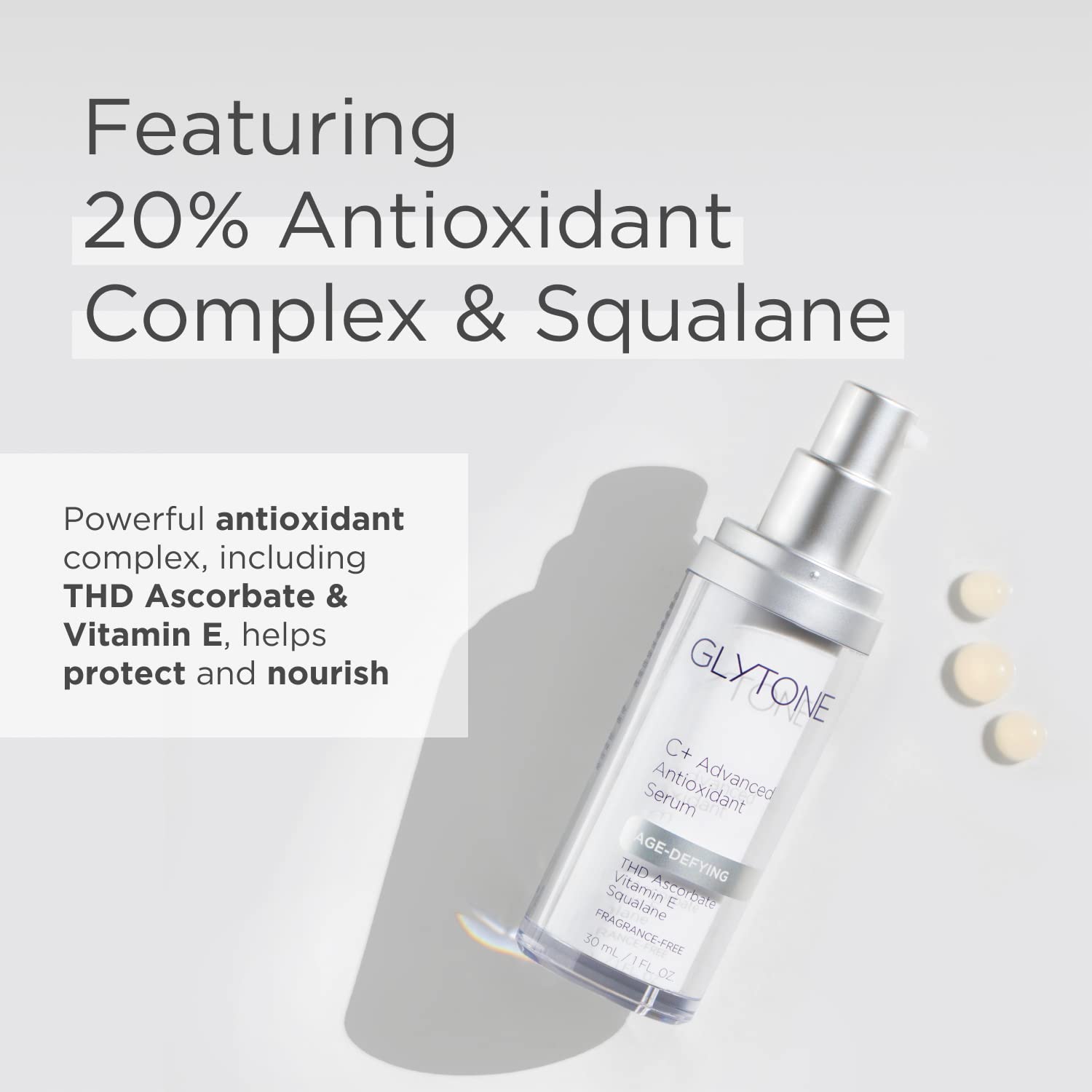 Glytone Age-Defying C+ Serum texture closeup highlights lightweight absorption