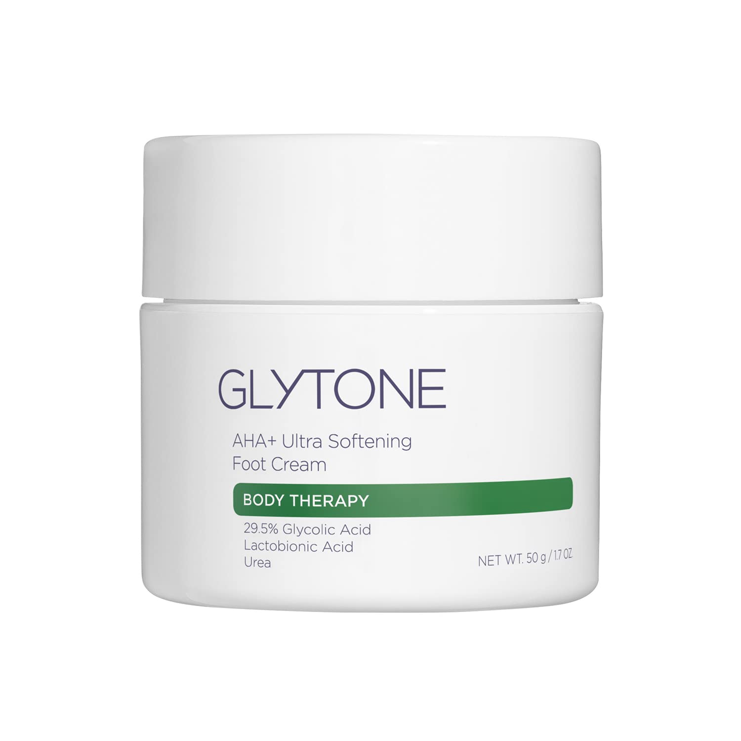 GLYTONE AHA+ foot cream pump bottle; easy application for exfoliation and hydration.