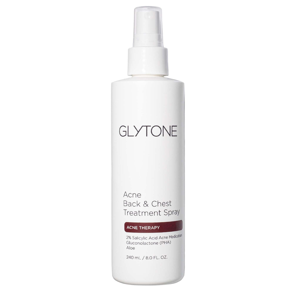 Glytone bacne spray bottle with upside-down pump for easy back application and clearer pores