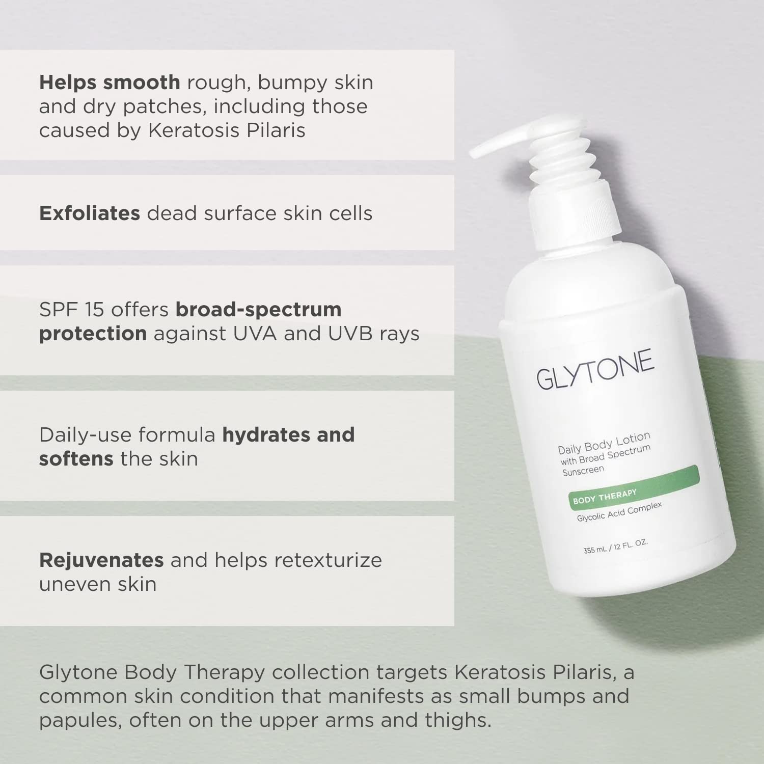 Glytone body-care routine after shower with SPF protection and hydration.