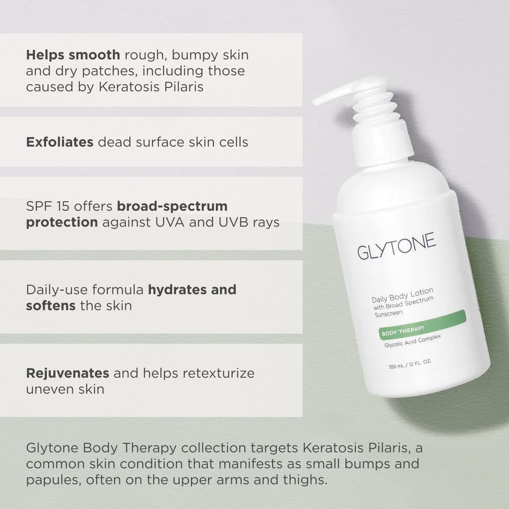 Glytone body-care routine after shower with SPF protection and hydration.