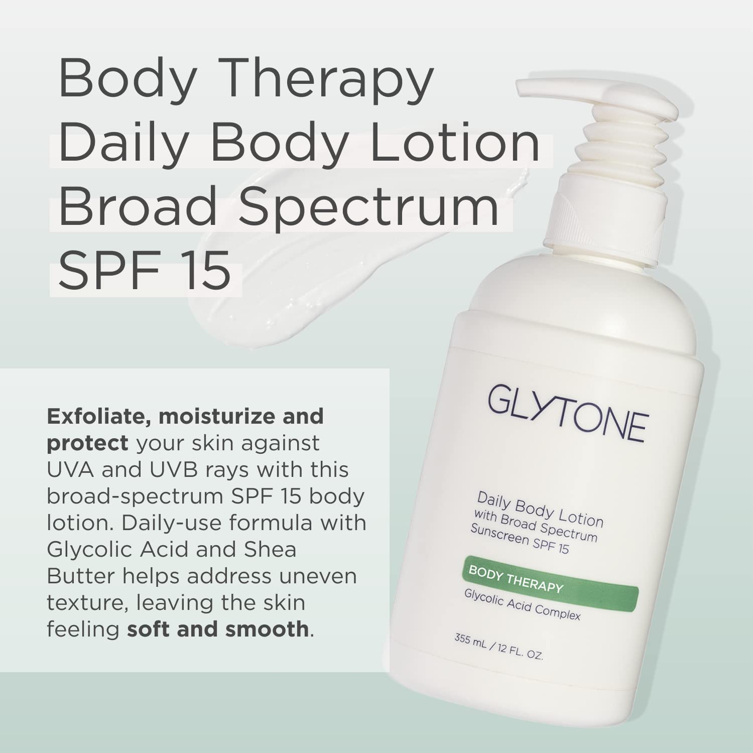 Glytone Daily Body Lotion applied SPF15 demonstrates smooth, protected skin.