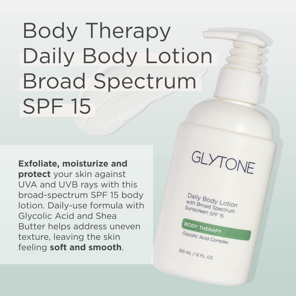 Glytone Daily Body Lotion applied SPF15 demonstrates smooth, protected skin.