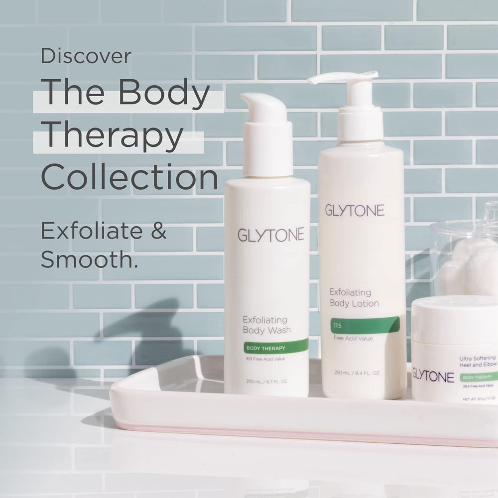 Glytone Daily Body Lotion texture closeup highlights creamy hydration.
