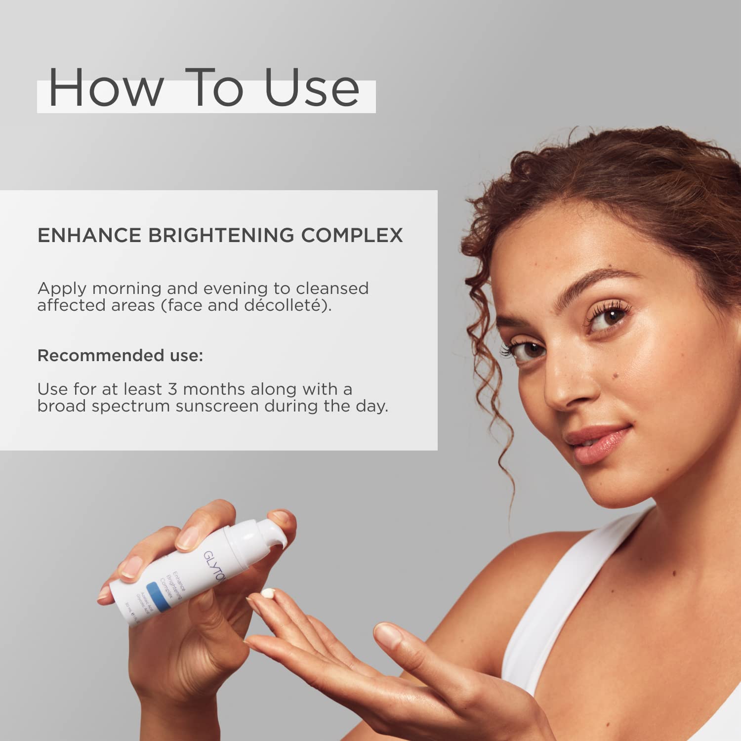 Glytone Enhance Brightening Cream on décolleté for even tone.