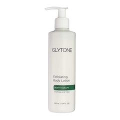Glytone Exfoliating Body Lotion bottle closeup shows 17.5% glycolic acid for smoother skin.